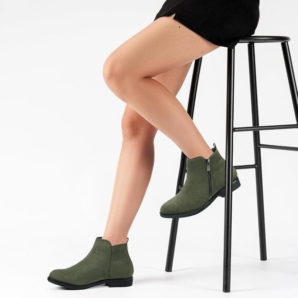 Women's Ankle Green Boots Short Flat Low Heel Dress Chelsea Casual Classic - Picture 7 of 9